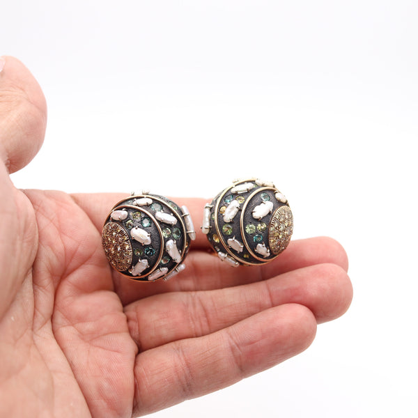 MARILYN COOPERMAN Earrings In 18Kt Gold Oxidized Sterling Sapphires & Pearls