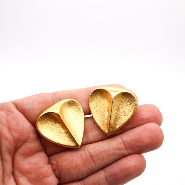 ZOLOTAS Greece Hearts Shaped Clips-On Earrings In Solid Hammered 22Kt Yellow Gold