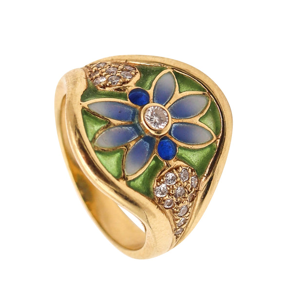 MASRIERA Art Nouveau Plique à Jour Enamel Ring In 18Kt Gold With VS Diamonds