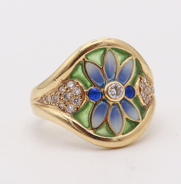 MASRIERA Art Nouveau Plique à Jour Enamel Ring In 18Kt Gold With VS Diamonds