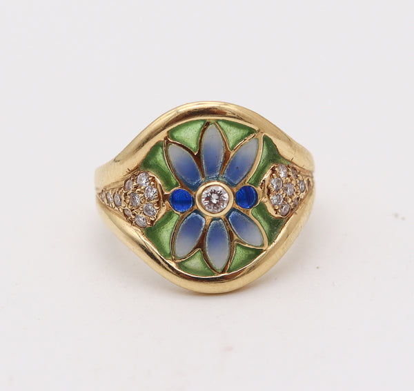 MASRIERA Art Nouveau Plique à Jour Enamel Ring In 18Kt Gold With VS Diamonds
