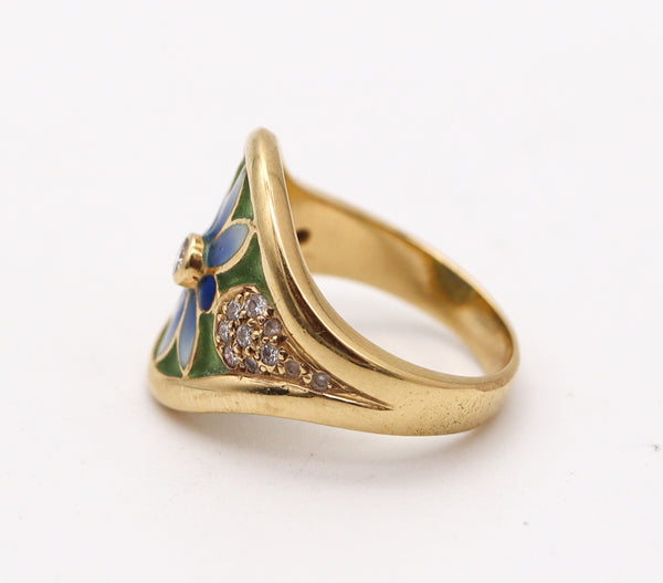 MASRIERA Art Nouveau Plique à Jour Enamel Ring In 18Kt Gold With VS Diamonds