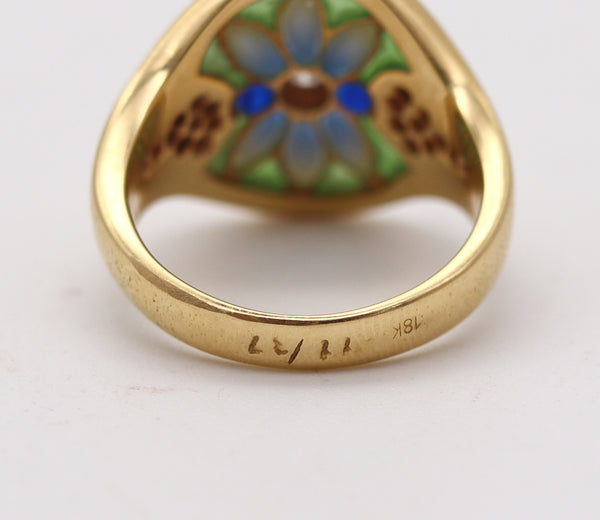 MASRIERA Art Nouveau Plique à Jour Enamel Ring In 18Kt Gold With VS Diamonds