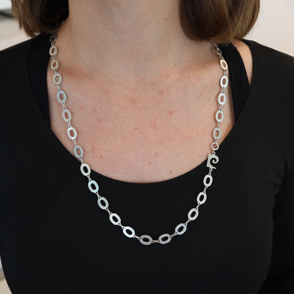 PIERRE CARDIN 1970 Paris Modernist Long Necklace Sautoir In .925 Sterling Silver