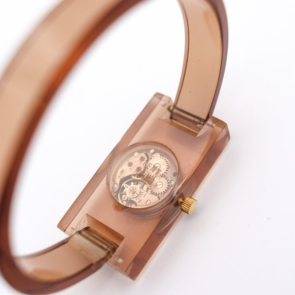 GUCCI Firenze Vintage Ladies Geometric Wristwatch In Translucent Lucite With Box