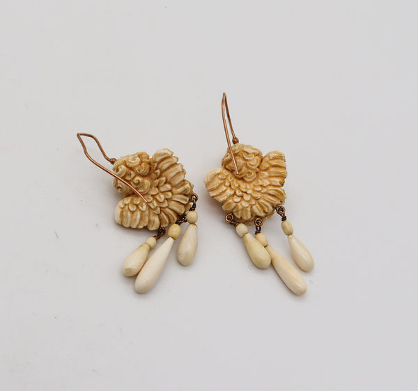 French 1820 Pair Of Dangle Drop Earrings In 18Kt Gold With Cherubs Carvings
