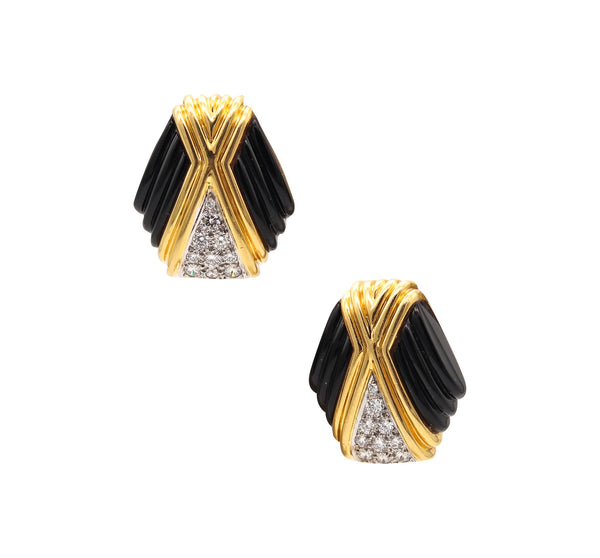 CHARLES TURI Pair Of Clips Earrings In 18Kt Gold With 1.30 Ctw In Diamonds & Onyxes