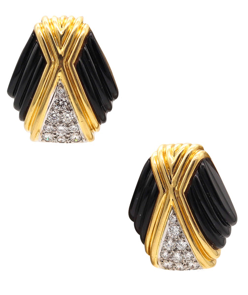 CHARLES TURI Pair Of Clips Earrings In 18Kt Gold With 1.30 Ctw In Diamonds & Onyxes