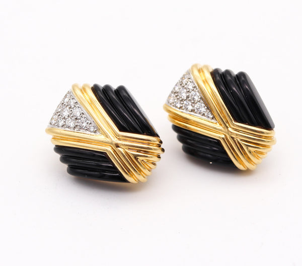 CHARLES TURI Pair Of Clips Earrings In 18Kt Gold With 1.30 Ctw In Diamonds & Onyxes