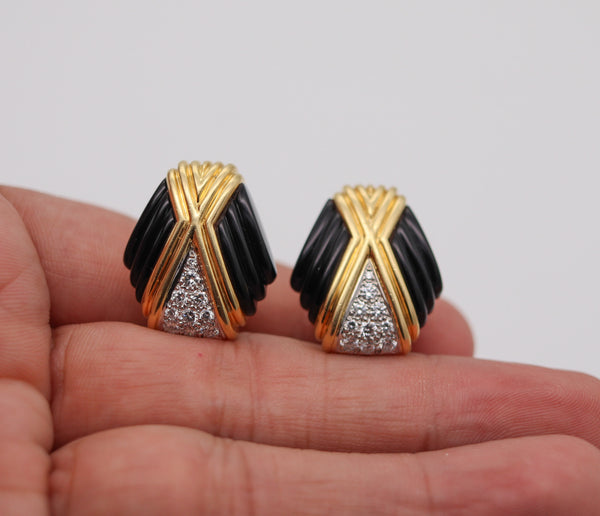 CHARLES TURI Pair Of Clips Earrings In 18Kt Gold With 1.30 Ctw In Diamonds & Onyxes