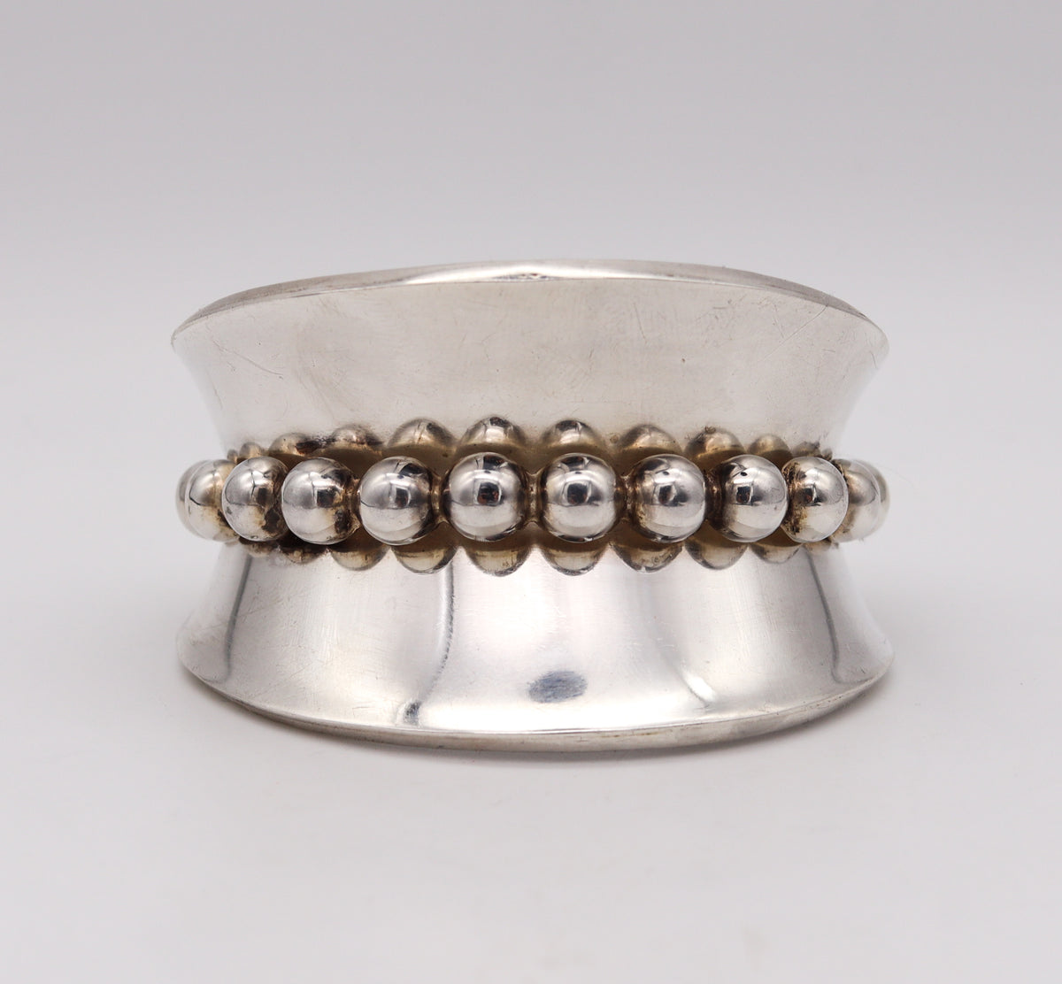 -Mexico 1960 Taxco Geometric Statement Cuff Bracelet In Solid .925 Sterling  Silver