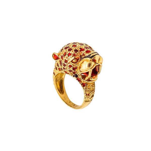 FRASCAROLO Milano Red Enameled Panther Cocktail Ring in Solid 18Kt Yellow Gold