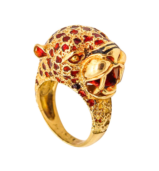 FRASCAROLO Milano Red Enameled Panther Cocktail Ring in Solid 18Kt Yellow Gold