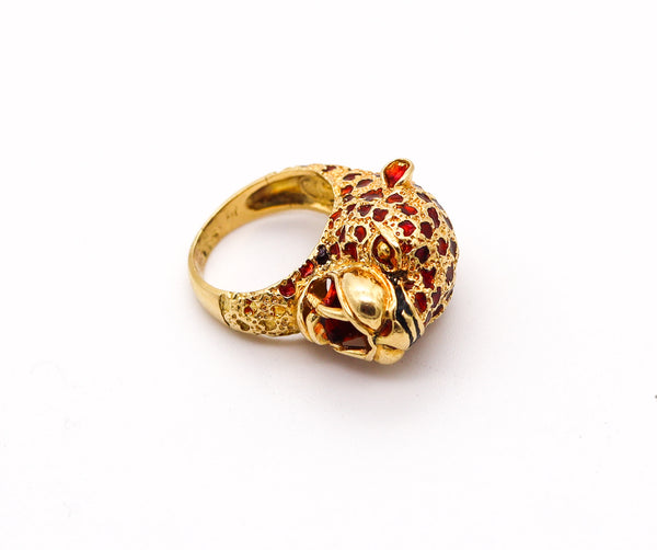 FRASCAROLO Milano Red Enameled Panther Cocktail Ring in Solid 18Kt Yellow Gold