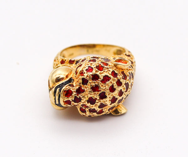 FRASCAROLO Milano Red Enameled Panther Cocktail Ring in Solid 18Kt Yellow Gold