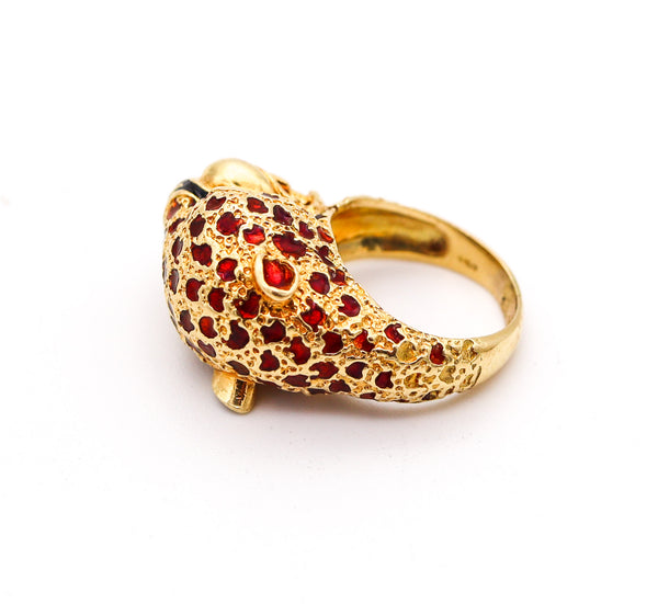 FRASCAROLO Milano Red Enameled Panther Cocktail Ring in Solid 18Kt Yellow Gold