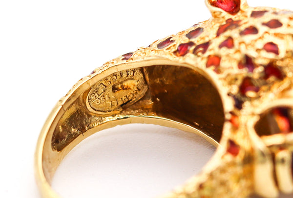 FRASCAROLO Milano Red Enameled Panther Cocktail Ring in Solid 18Kt Yellow Gold