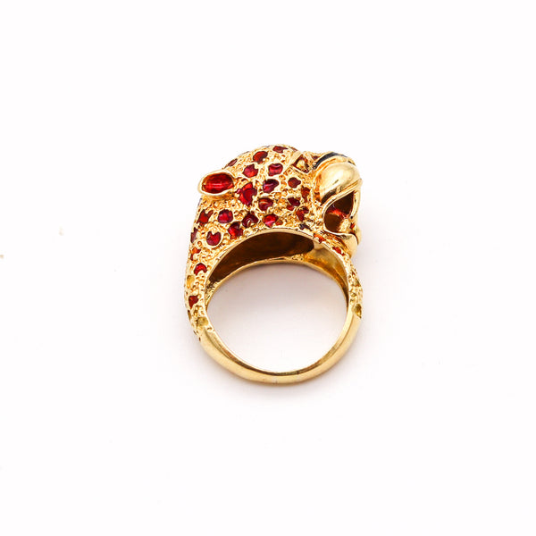 FRASCAROLO Milano Red Enameled Panther Cocktail Ring in Solid 18Kt Yellow Gold