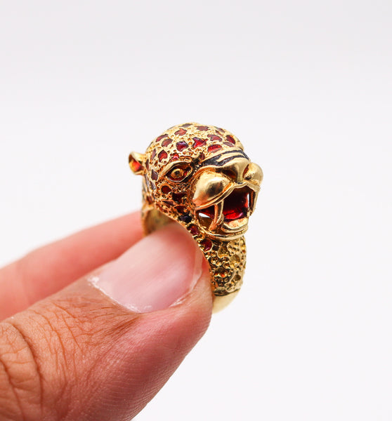 FRASCAROLO Milano Red Enameled Panther Cocktail Ring in Solid 18Kt Yellow Gold