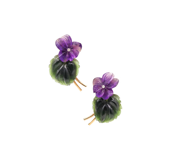 ANTON JANDA Austria 1950 Parure Set In 14Kt Gold Diamonds. Nephrite & Amethysts