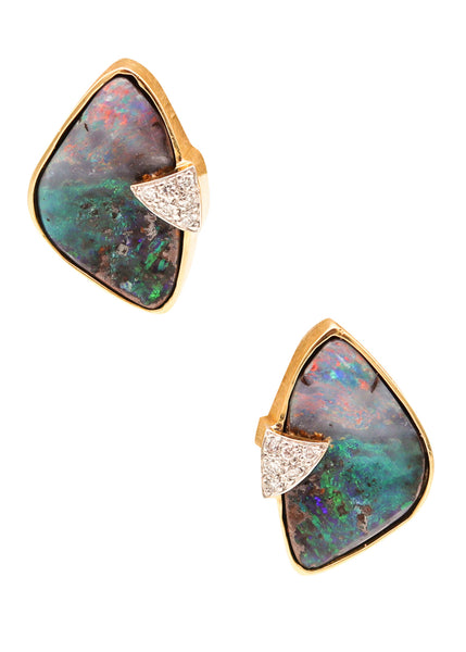 MODERNIST Clips-On Earrings In 14Kt Yellow Gold With Diamonds And Opals