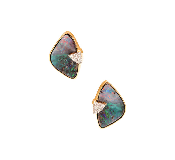MODERNIST Clips-On Earrings In 14Kt Yellow Gold With Diamonds And Opals