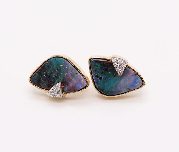 MODERNIST Clips-On Earrings In 14Kt Yellow Gold With Diamonds And Opals