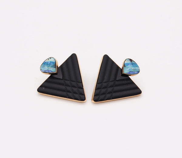 MODERNIST Studs Earrings In 14Kt Yellow Gold With Australian Opals And Black Jet