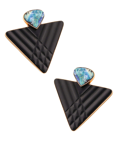 MODERNIST Studs Earrings In 14Kt Yellow Gold With Australian Opals And Black Jet