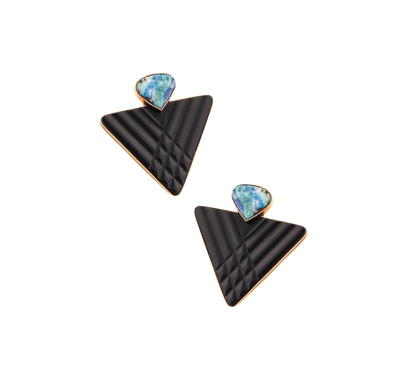 MODERNIST Studs Earrings In 14Kt Yellow Gold With Australian Opals And Black Jet
