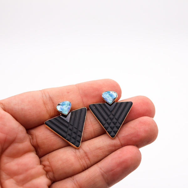 MODERNIST Studs Earrings In 14Kt Yellow Gold With Australian Opals And Black Jet