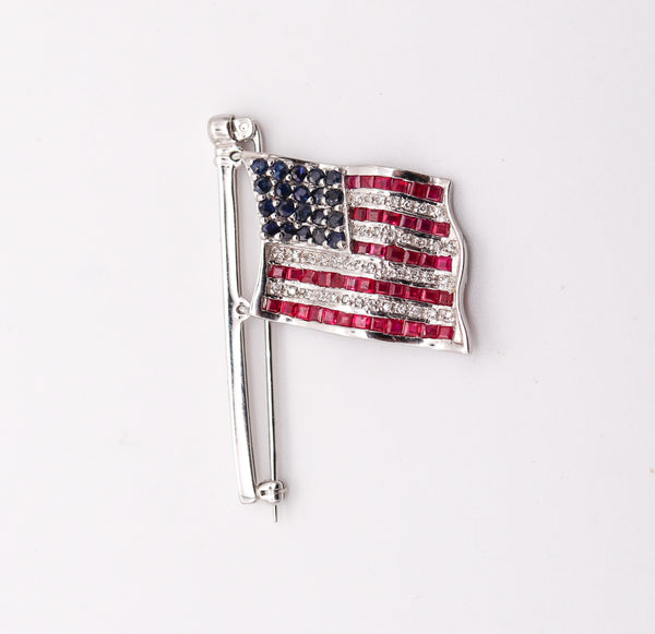 AMERICAN FLAG Brooch In 14Kt White Gold With 3.11 Ctw In Diamonds And Gemstones