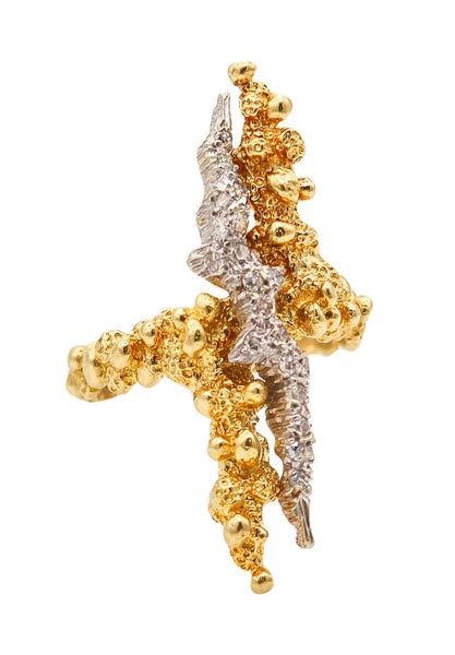 MODERNIST 1970 Sculptural Ring in Textured 18Kt Gold With European Diamonds
