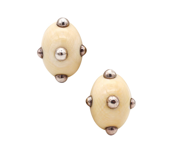 PATRICIA VON MUSULIN 1970 Modernist Clips-On Earrings Carved Ivory & .925 Sterling