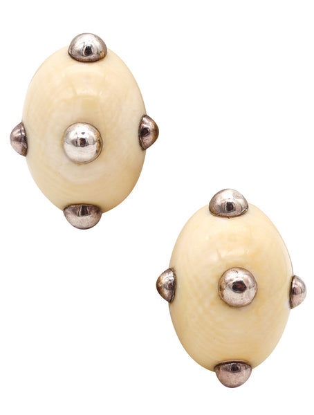 PATRICIA VON MUSULIN 1970 Modernist Clips-On Earrings Carved Ivory & .925 Sterling