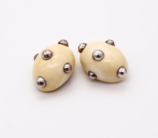 PATRICIA VON MUSULIN 1970 Modernist Clips-On Earrings Carved Ivory & .925 Sterling