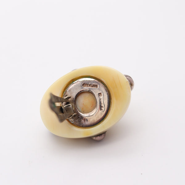 PATRICIA VON MUSULIN 1970 Modernist Clips-On Earrings Carved Ivory & .925 Sterling