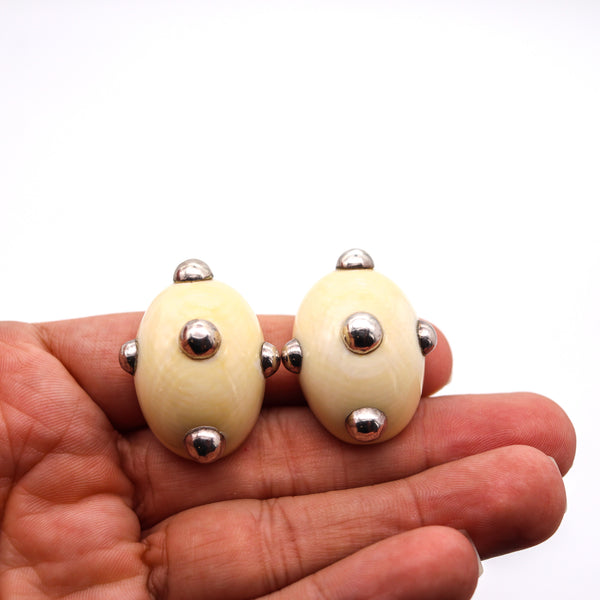 PATRICIA VON MUSULIN 1970 Modernist Clips-On Earrings Carved Ivory & .925 Sterling