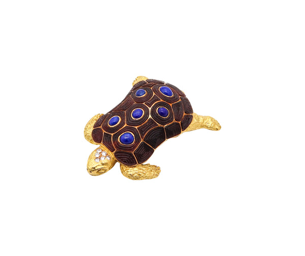 CHAUMET Paris 1960 Turtle Brooch In 18Kt Yellow Gold With Diamonds & Lapis Lazuli