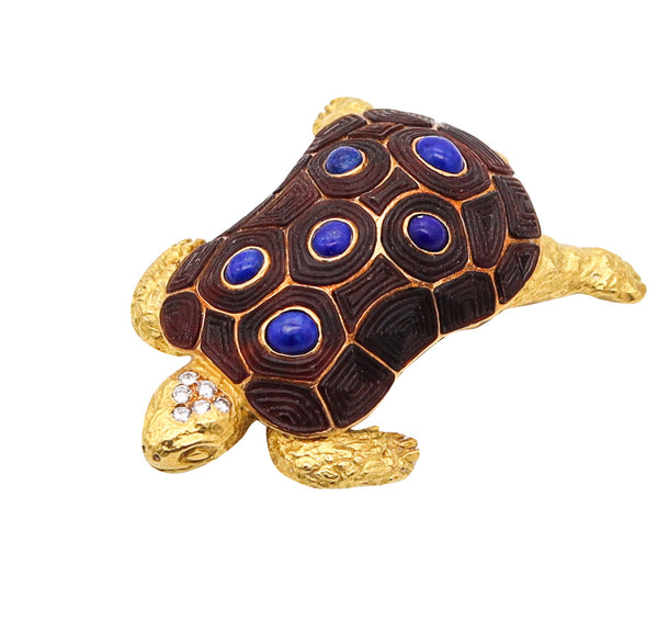 CHAUMET Paris 1960 Turtle Brooch In 18Kt Yellow Gold With Diamonds & Lapis Lazuli