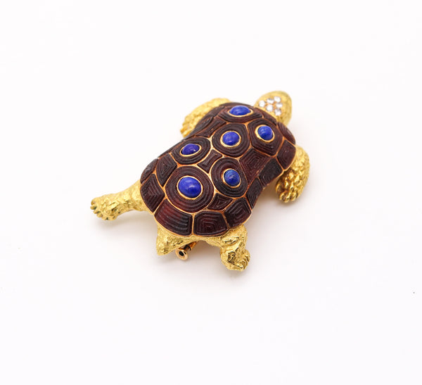 CHAUMET Paris 1960 Turtle Brooch In 18Kt Yellow Gold With Diamonds & Lapis Lazuli