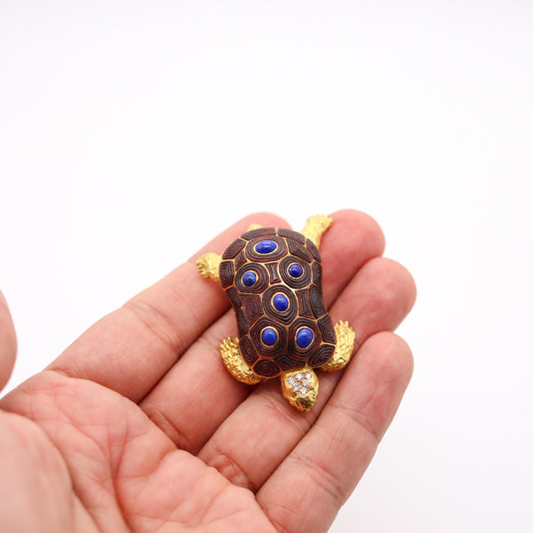 CHAUMET Paris 1960 Turtle Brooch In 18Kt Yellow Gold With Diamonds & Lapis Lazuli