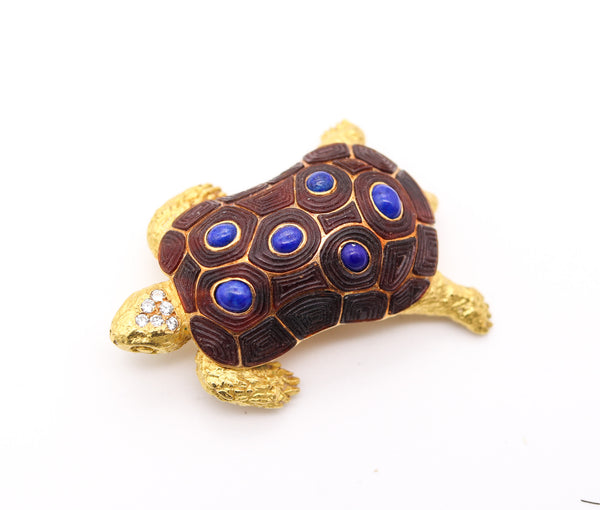 CHAUMET Paris 1960 Turtle Brooch In 18Kt Yellow Gold With Diamonds & Lapis Lazuli