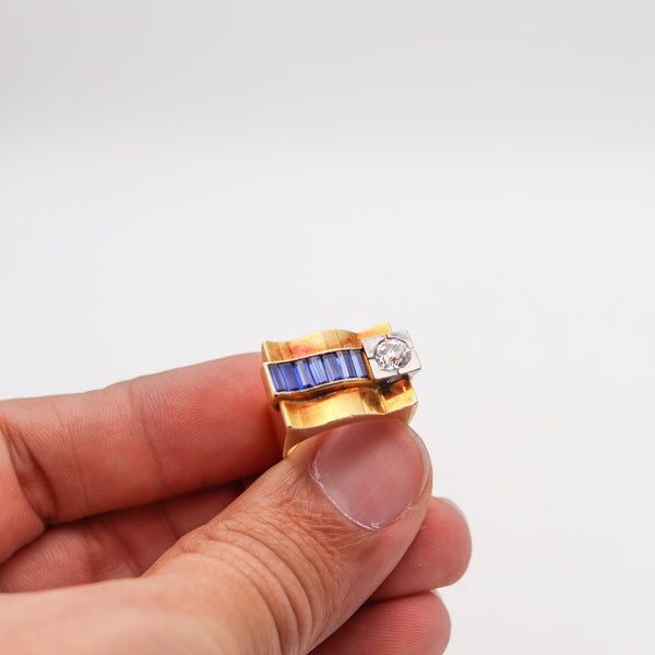 -Deco Retro 1935 Tank Chevalier Ring In 18Kt Gold Platinum Diamond And Sapphires