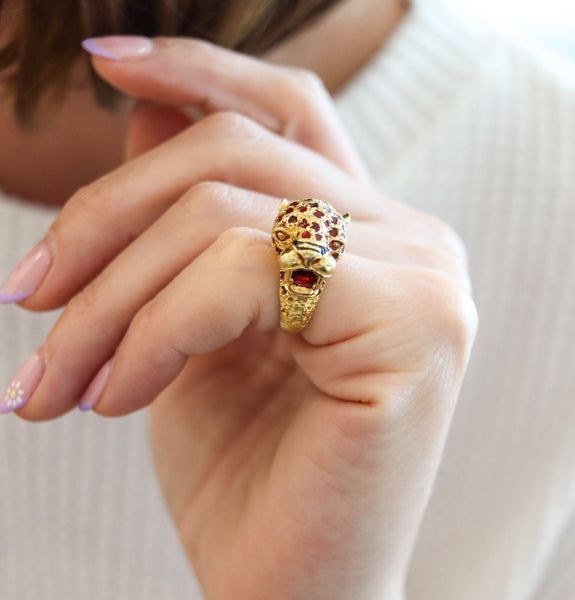 FRASCAROLO Milano Red Enameled Panther Cocktail Ring in Solid 18Kt Yellow Gold