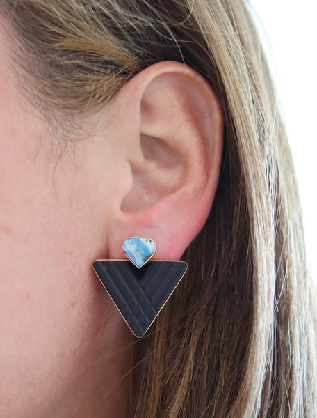 MODERNIST Studs Earrings In 14Kt Yellow Gold With Australian Opals And Black Jet