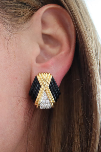 CHARLES TURI Pair Of Clips Earrings In 18Kt Gold With 1.30 Ctw In Diamonds & Onyxes