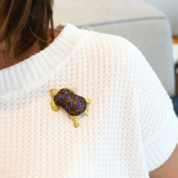 CHAUMET Paris 1960 Turtle Brooch In 18Kt Yellow Gold With Diamonds & Lapis Lazuli