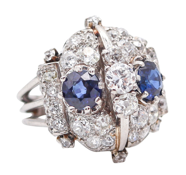 FRENCH 1925 Art-Deco Platinum Cocktail Ring With 4.88 Ctw Sapphires & Diamonds