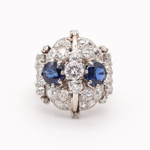FRENCH 1925 Art-Deco Platinum Cocktail Ring With 4.88 Ctw Sapphires & Diamonds